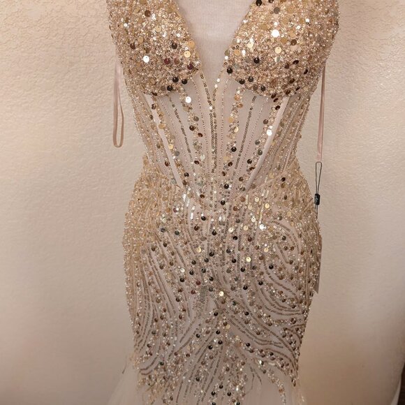 Champagne Gold Sequined Corset Prom Homecoming Mermaid Dress 4 - Picture 5 of 6